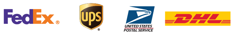 Shipping partner logos: FedEx, UPS, United States Postal Service and DHL